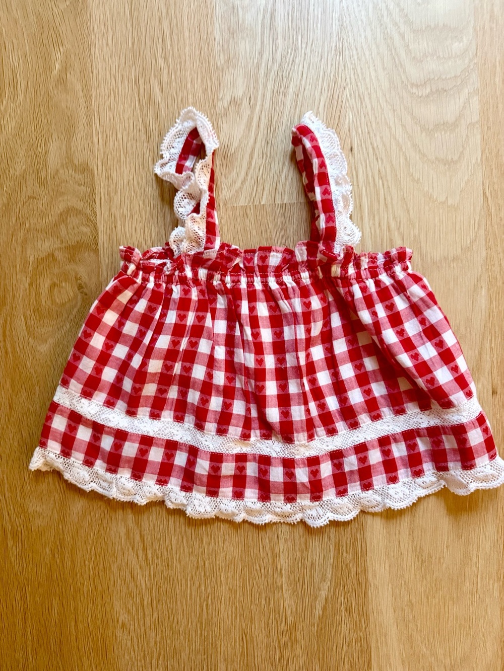 LoveShackFancy Red and White Gingham Lace-Trim Tank Top